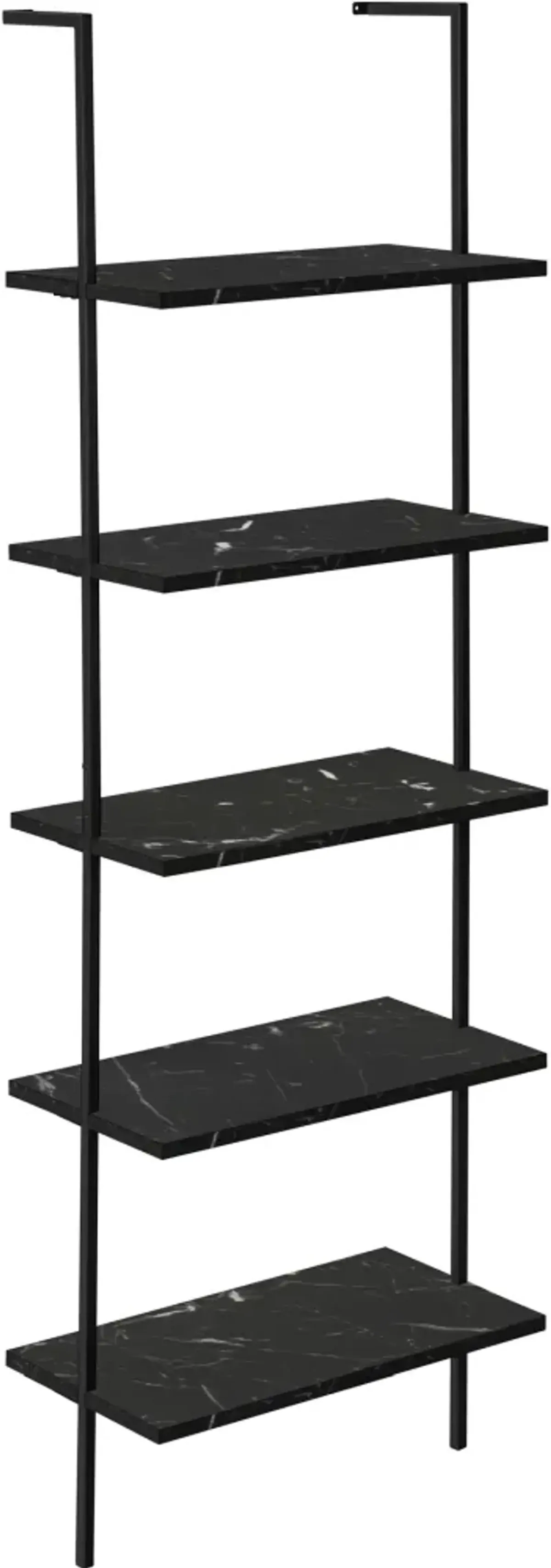 Bookshelf, Bookcase, Etagere, Ladder, 5 Tier, 72"H, Office, Bedroom, Metal, Laminate, Black Marble Look, Black, Contemporary, Modern