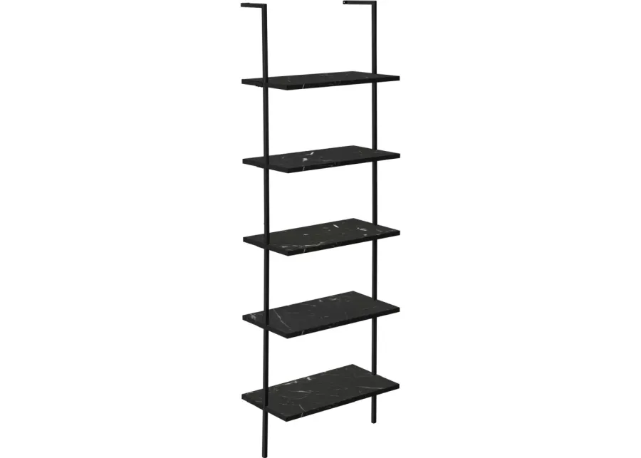 Bookshelf, Bookcase, Etagere, Ladder, 5 Tier, 72"H, Office, Bedroom, Metal, Laminate, Black Marble Look, Black, Contemporary, Modern