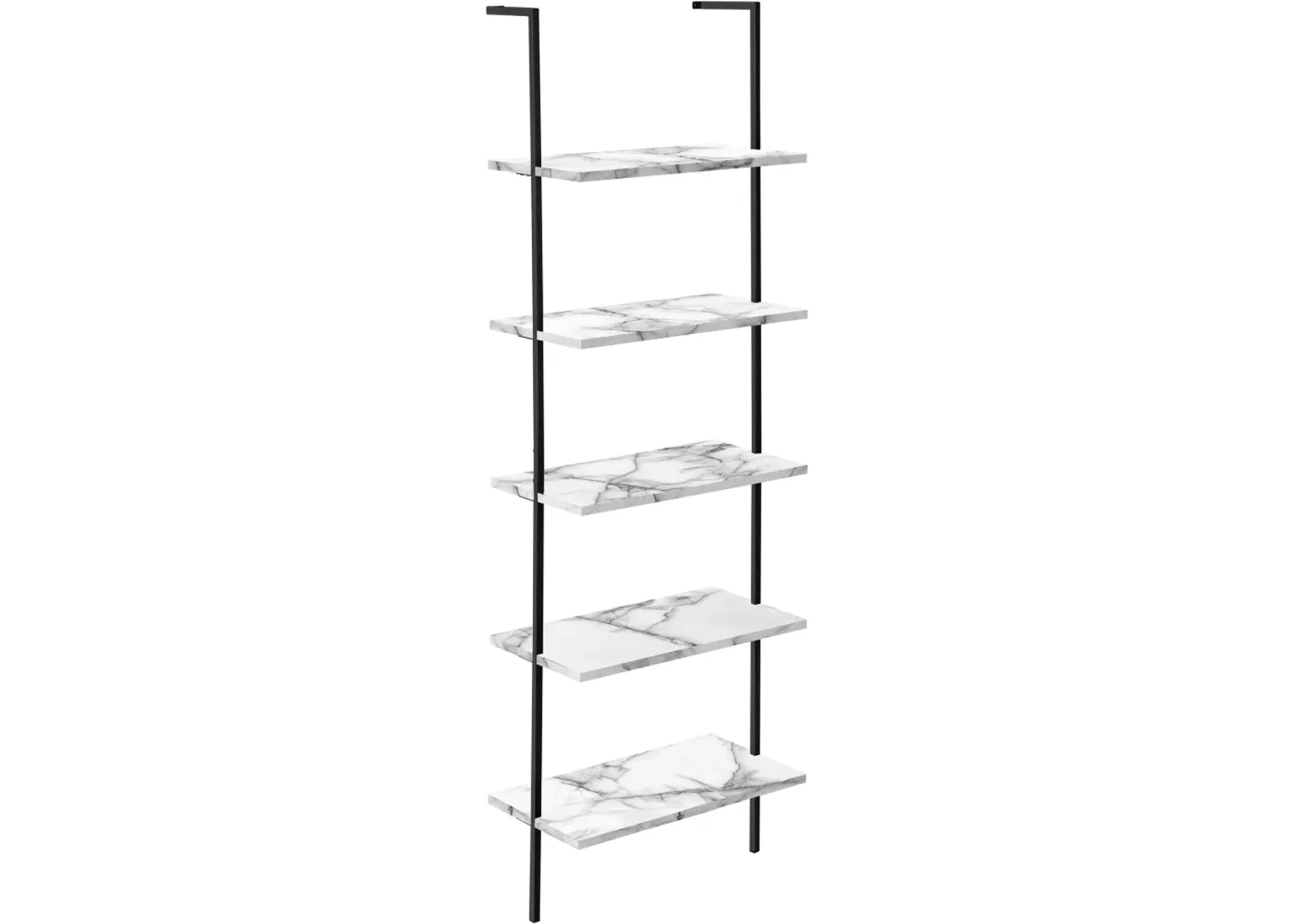 Bookshelf, Bookcase, Etagere, Ladder, 5 Tier, 72"H, Office, Bedroom, Metal, Laminate, White Marble Look, Black, Contemporary, Modern