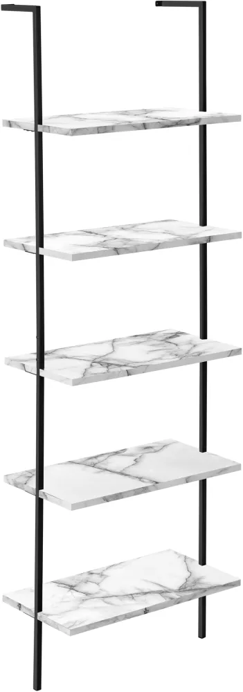 Bookshelf, Bookcase, Etagere, Ladder, 5 Tier, 72"H, Office, Bedroom, Metal, Laminate, White Marble Look, Black, Contemporary, Modern