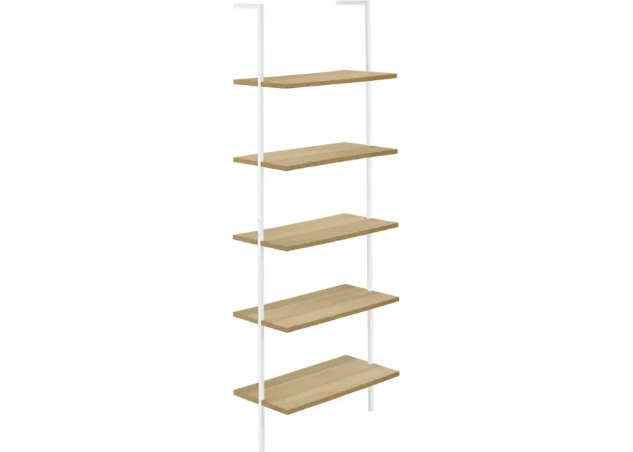 Bookshelf, Bookcase, Etagere, Ladder, 5 Tier, 72"H, Office, Bedroom, Metal, Laminate, Natural, White, Contemporary, Modern