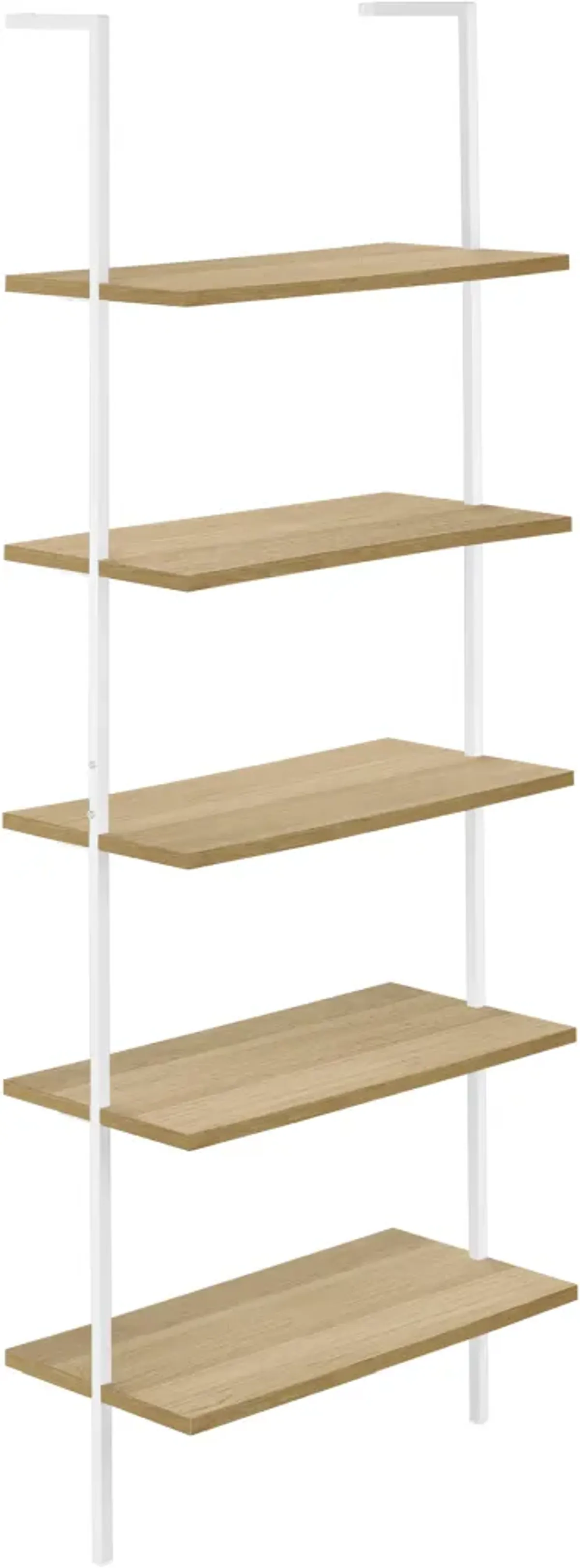 Bookshelf, Bookcase, Etagere, Ladder, 5 Tier, 72"H, Office, Bedroom, Metal, Laminate, Natural, White, Contemporary, Modern