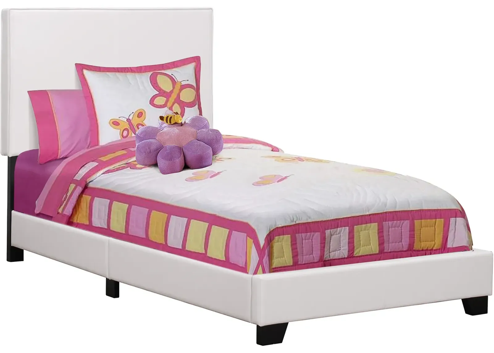 Bed, Twin Size, Platform, Bedroom, Frame, Upholstered, Pu Leather Look, Wood Legs, White, Transitional