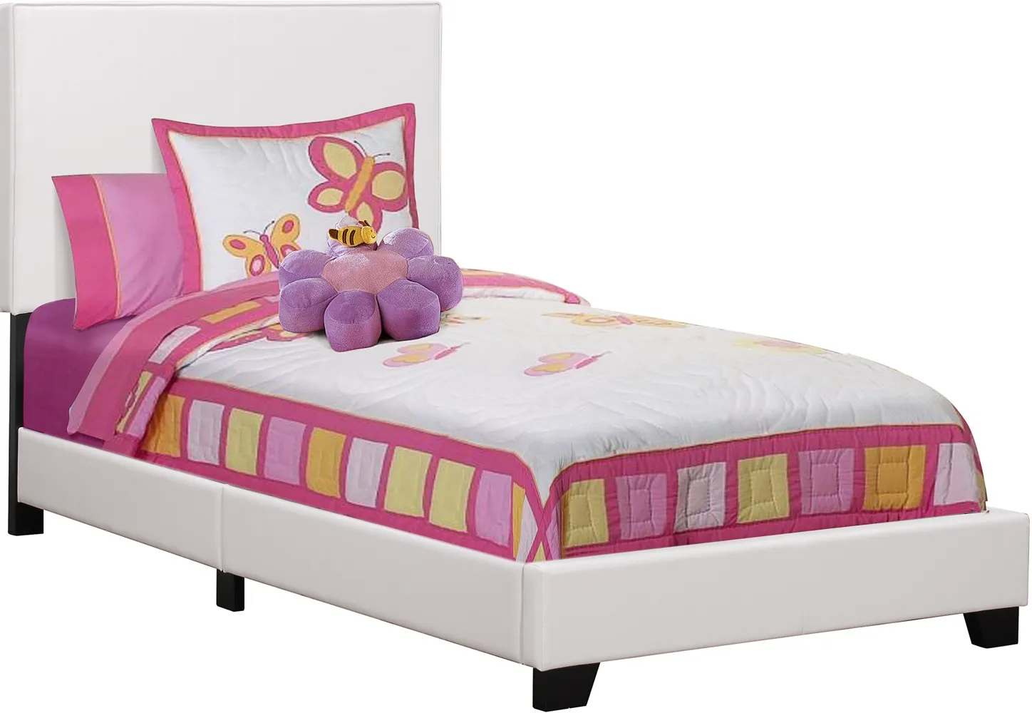 Bed, Twin Size, Platform, Bedroom, Frame, Upholstered, Pu Leather Look, Wood Legs, White, Transitional