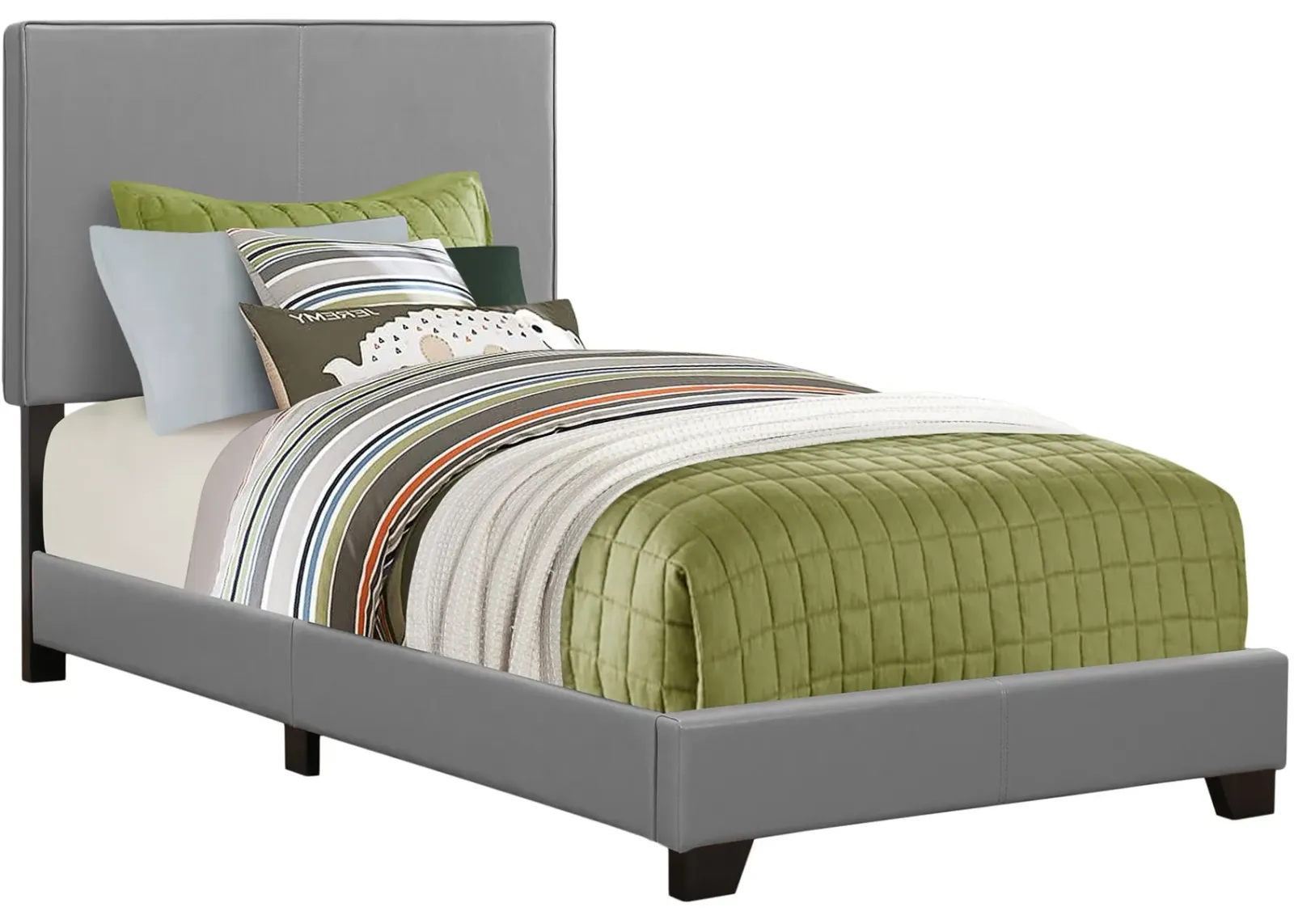 Bed, Twin Size, Platform, Bedroom, Frame, Upholstered, Pu Leather Look, Wood Legs, Grey, Transitional