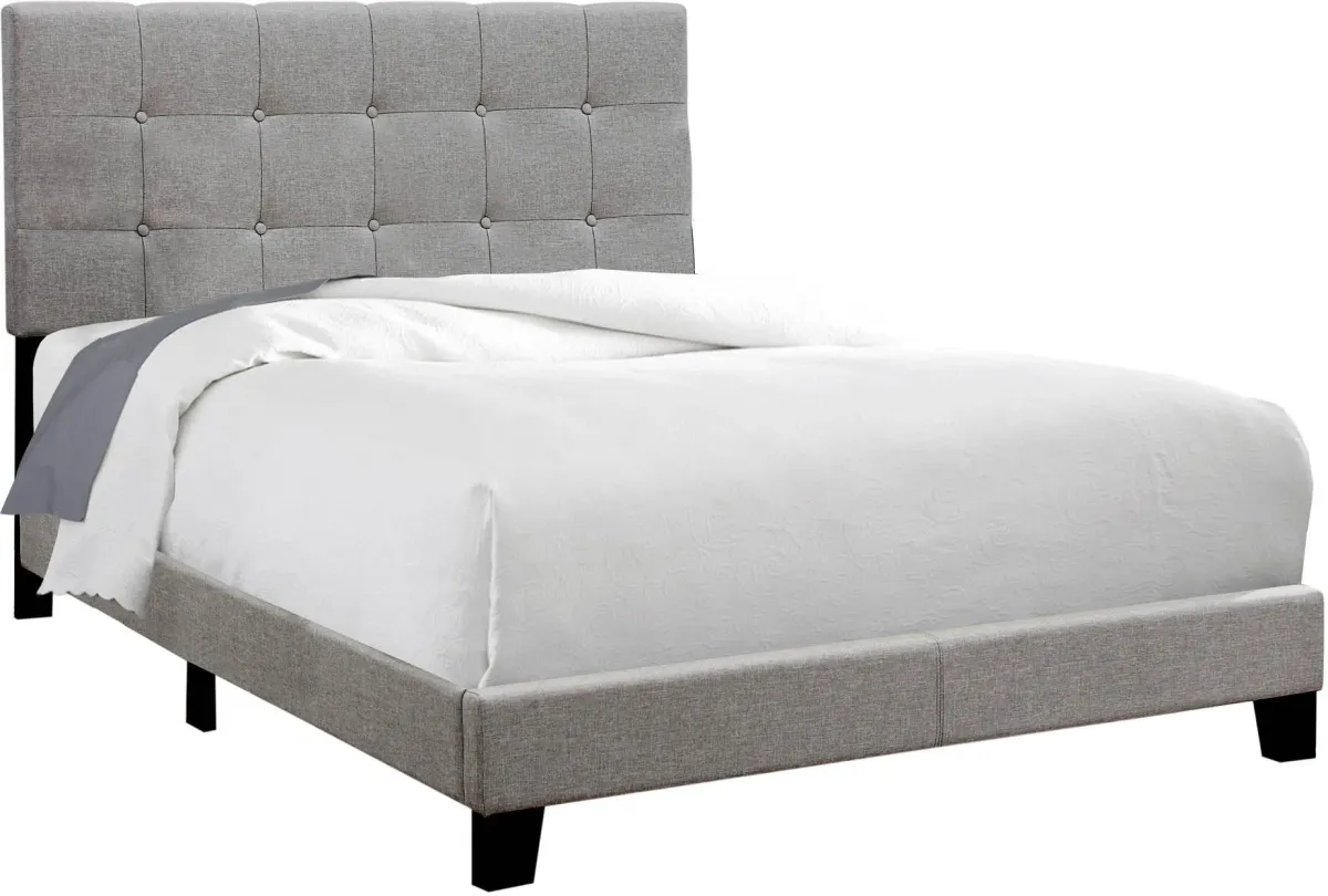 Bed, Full Size, Platform, Bedroom, Frame, Upholstered, Linen Look, Wood Legs, Grey, Transitional