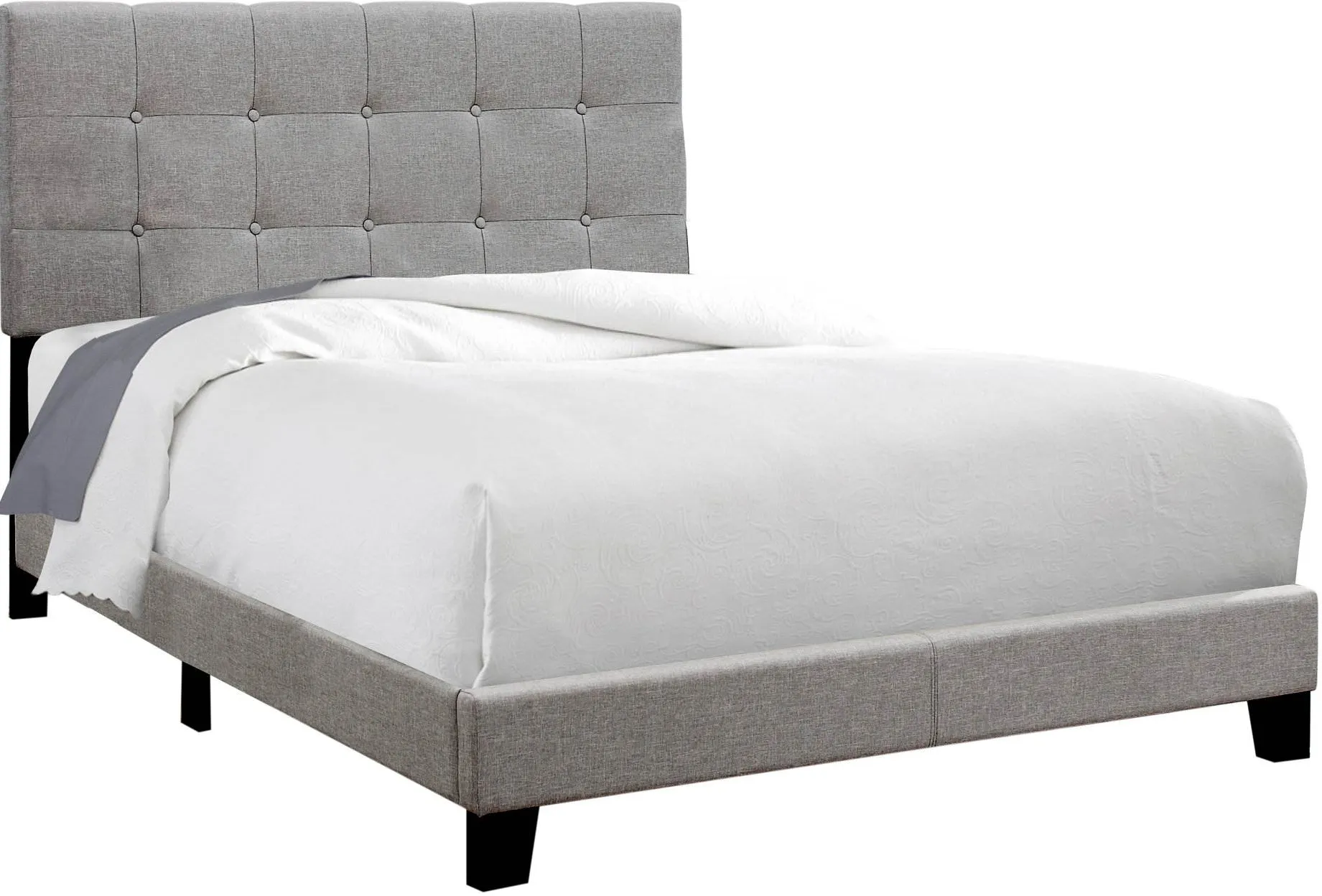 Bed, Full Size, Platform, Bedroom, Frame, Upholstered, Linen Look, Wood Legs, Grey, Transitional