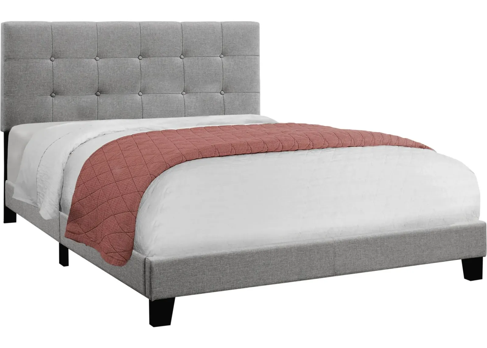 Bed, Queen Size, Platform, Bedroom, Frame, Upholstered, Linen Look, Wood Legs, Grey, Transitional