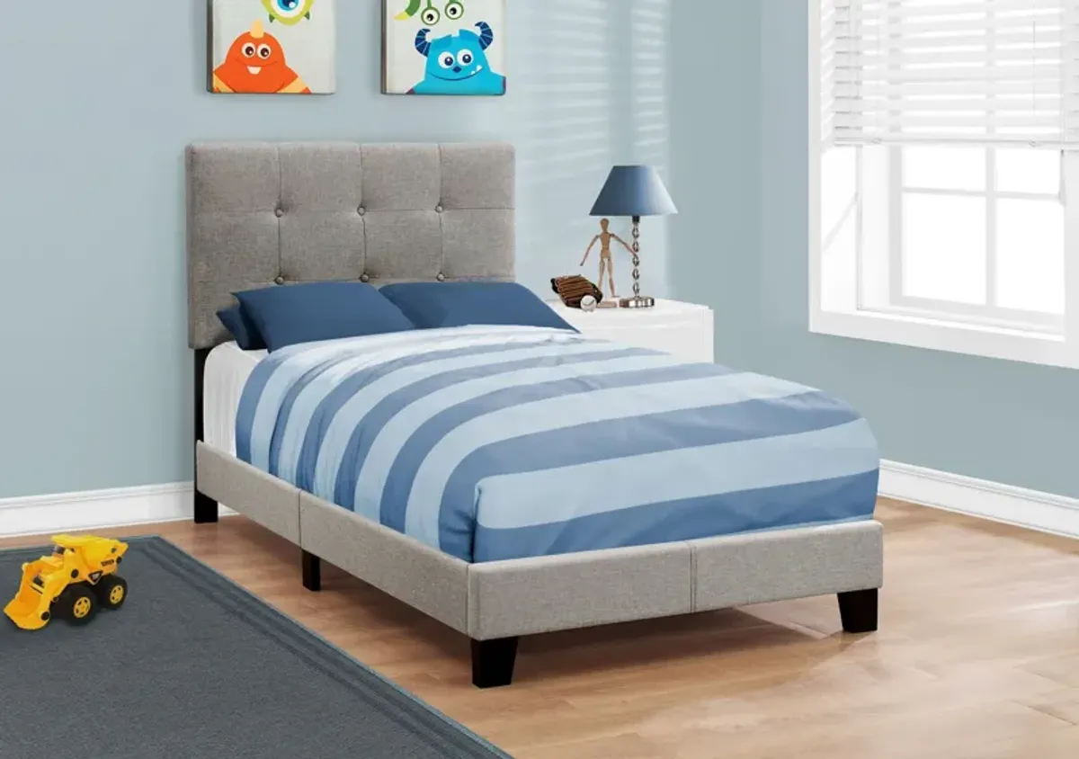 Bed, Twin Size, Platform, Teen, Frame, Upholstered, Linen Look, Wood Legs, Grey, Transitional