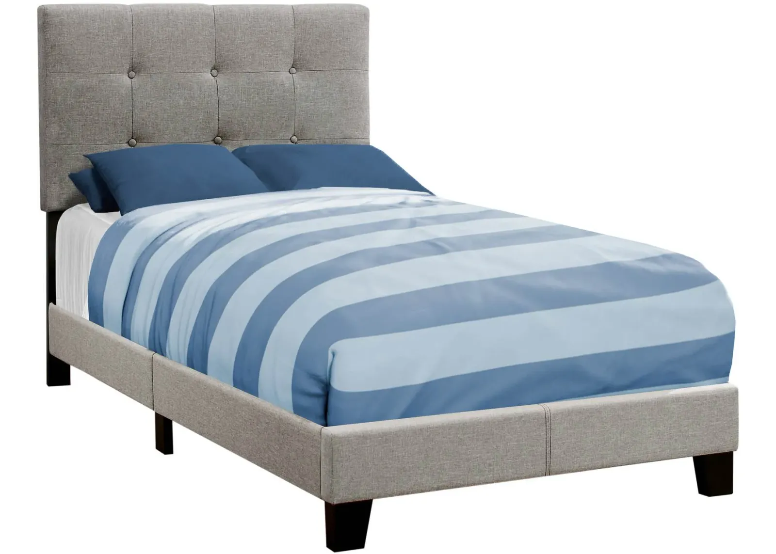 Bed, Twin Size, Platform, Teen, Frame, Upholstered, Linen Look, Wood Legs, Grey, Transitional