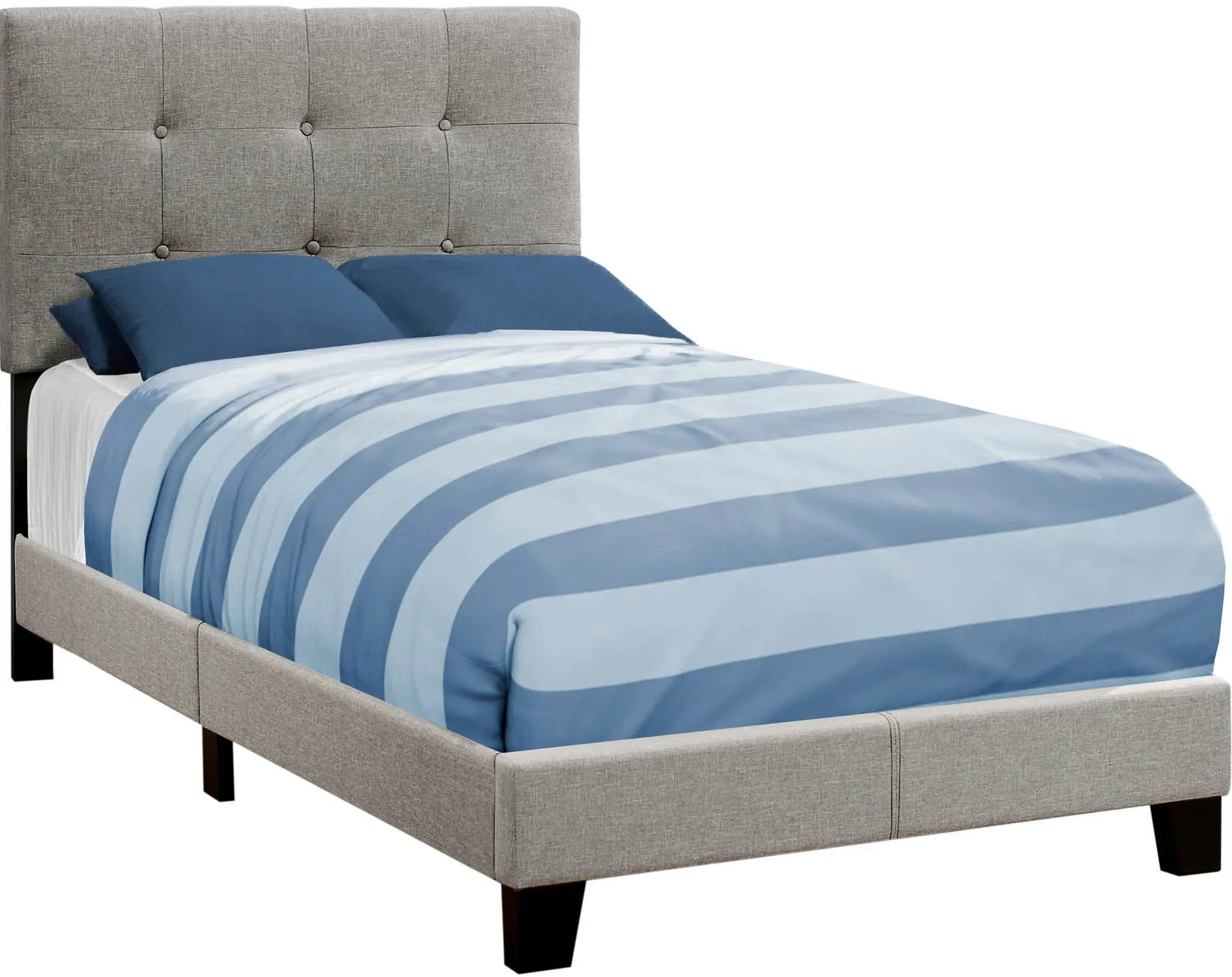Bed, Twin Size, Platform, Teen, Frame, Upholstered, Linen Look, Wood Legs, Grey, Transitional