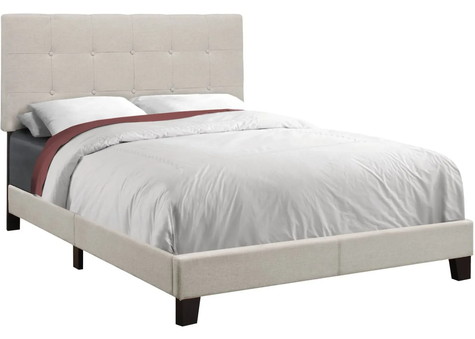 Bed, Full Size, Platform, Bedroom, Frame, Upholstered, Linen Look, Wood Legs, Beige, Black, Transitional