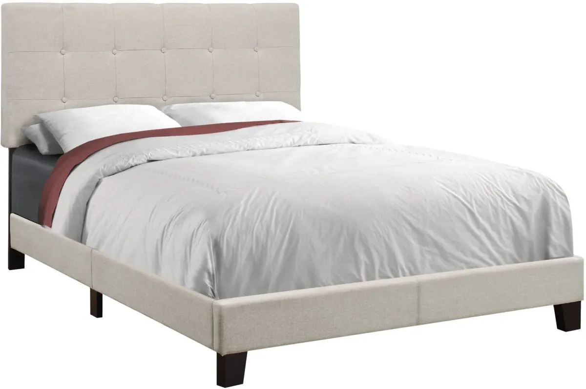 Bed, Full Size, Platform, Bedroom, Frame, Upholstered, Linen Look, Wood Legs, Beige, Black, Transitional