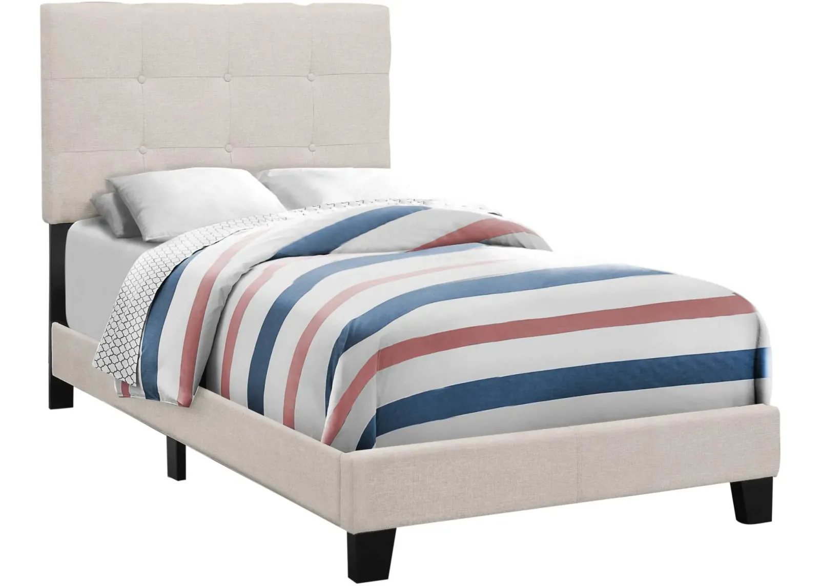 Bed, Twin Size, Platform, Teen, Frame, Upholstered, Linen Look, Wood Legs, Beige, Black, Transitional