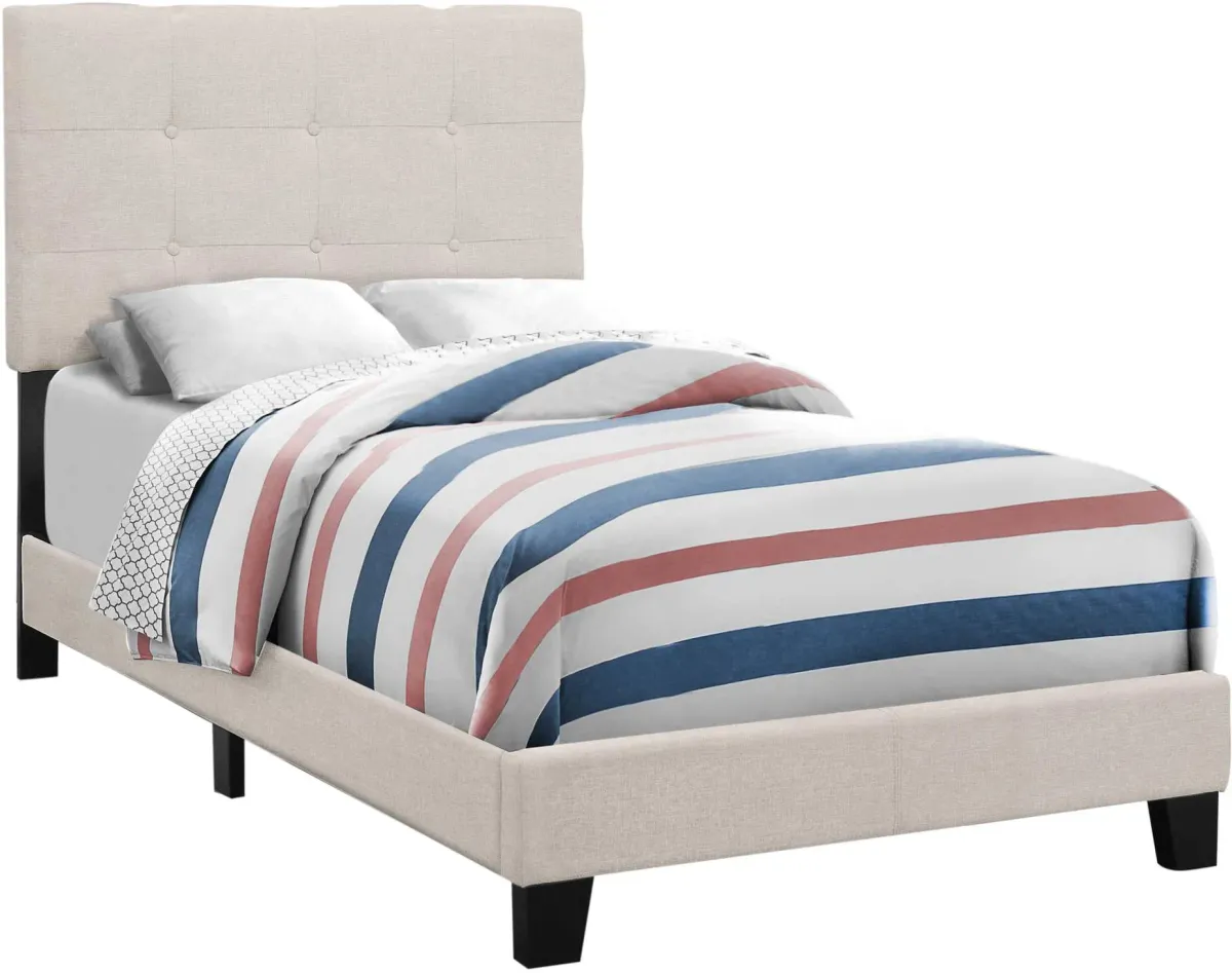 Bed, Twin Size, Platform, Teen, Frame, Upholstered, Linen Look, Wood Legs, Beige, Black, Transitional