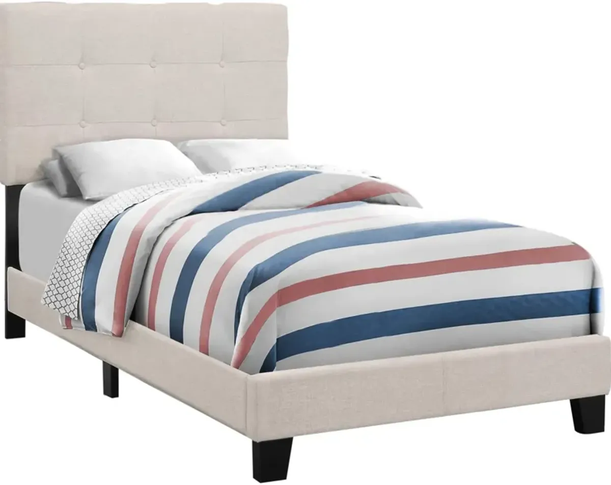 Bed, Twin Size, Platform, Teen, Frame, Upholstered, Linen Look, Wood Legs, Beige, Black, Transitional