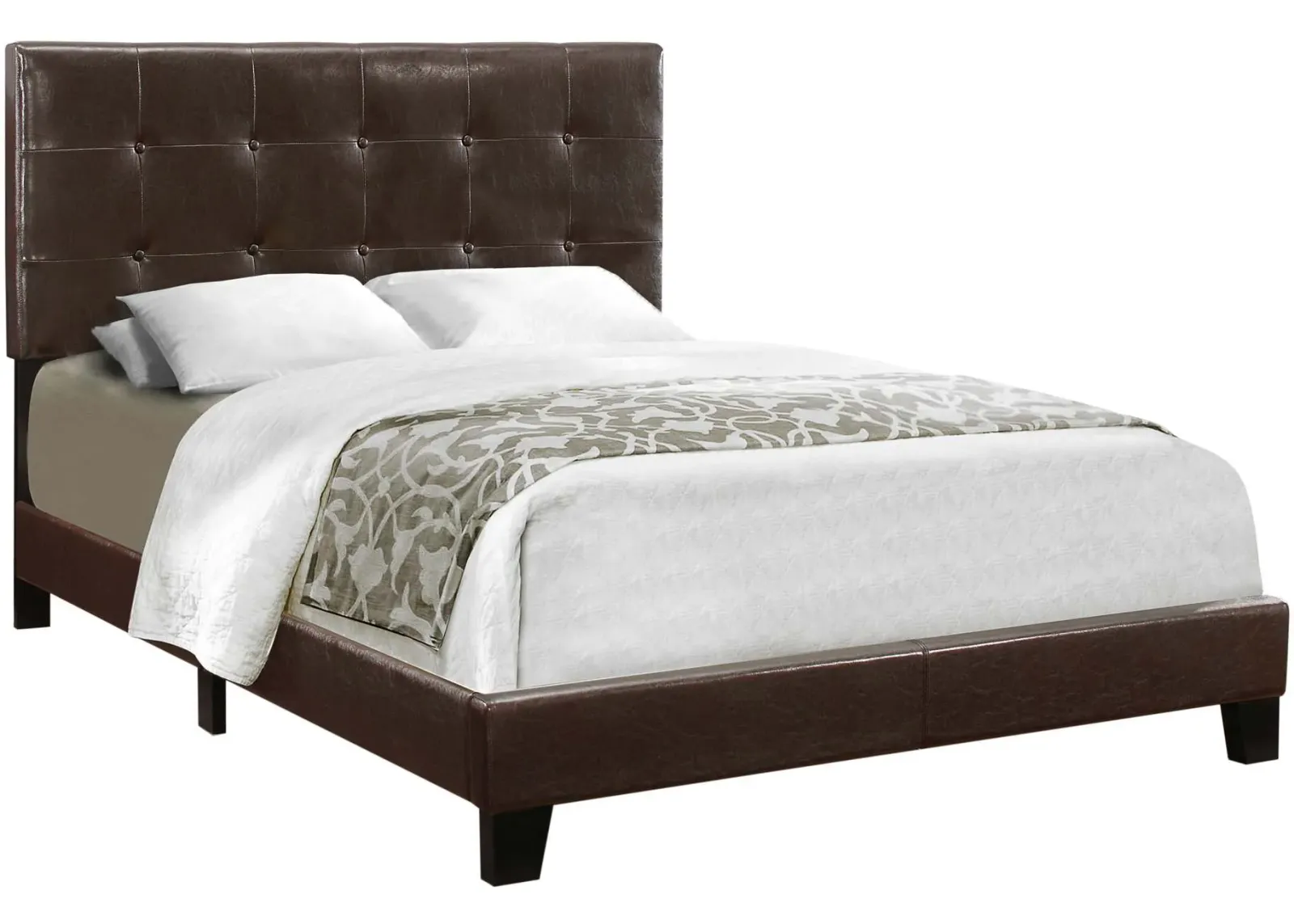 Bed, Full Size, Platform, Bedroom, Frame, Upholstered, Pu Leather Look, Wood Legs, Brown, Transitional