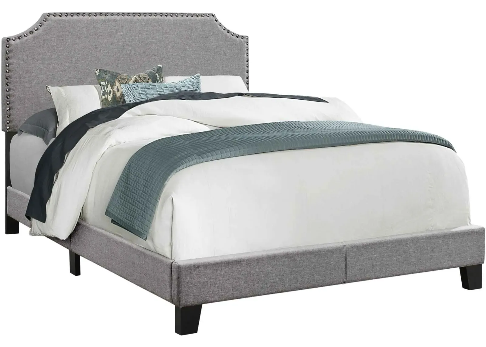 Bed, Full Size, Platform, Bedroom, Frame, Upholstered, Linen Look, Wood Legs, Grey, Chrome, Transitional