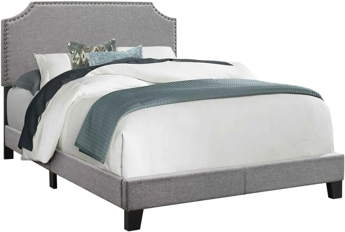 Bed, Full Size, Platform, Bedroom, Frame, Upholstered, Linen Look, Wood Legs, Grey, Chrome, Transitional