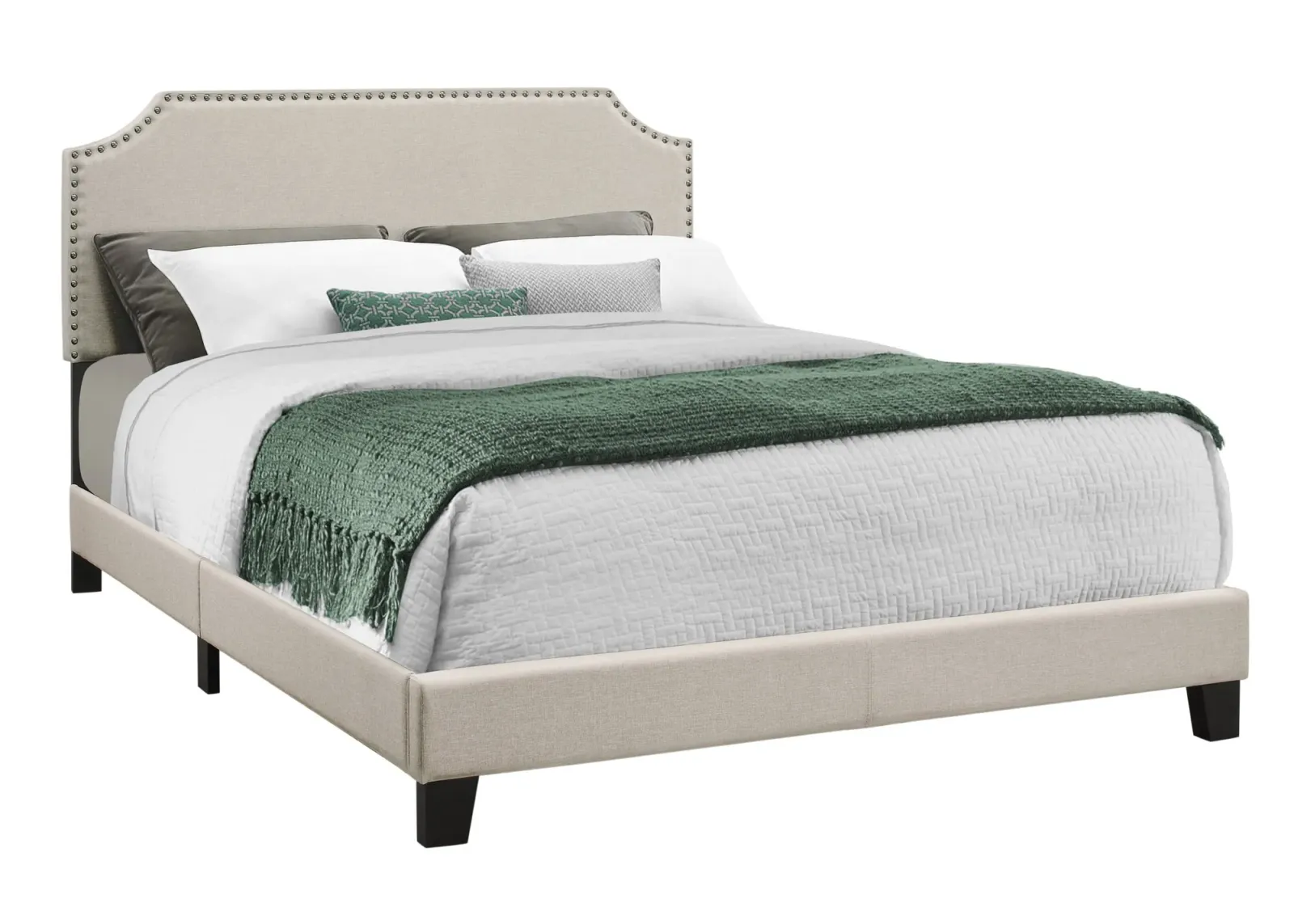 Bed, Queen Size, Platform, Bedroom, Frame, Upholstered, Linen Look, Wood Legs, Beige, Black, Transitional