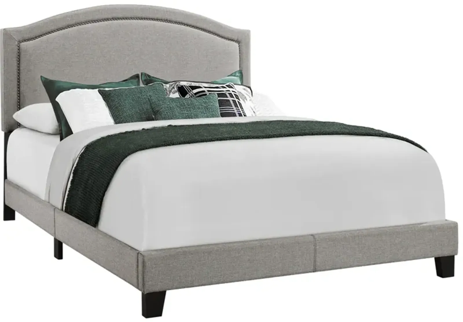 Bed, Queen Size, Platform, Bedroom, Frame, Upholstered, Linen Look, Wood Legs, Grey, Chrome, Transitional