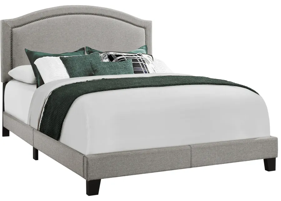 Bed, Queen Size, Platform, Bedroom, Frame, Upholstered, Linen Look, Wood Legs, Grey, Chrome, Transitional