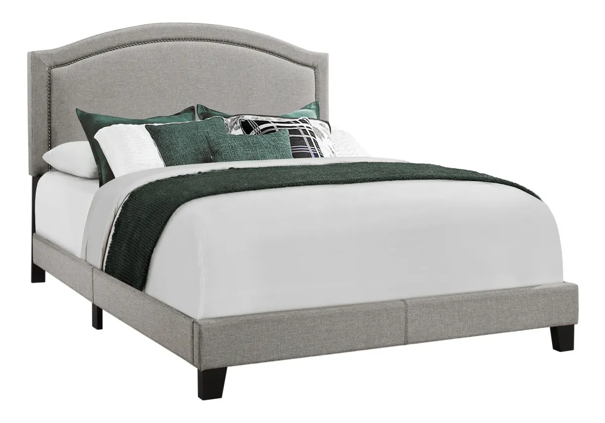 Bed, Queen Size, Platform, Bedroom, Frame, Upholstered, Linen Look, Wood Legs, Grey, Chrome, Transitional