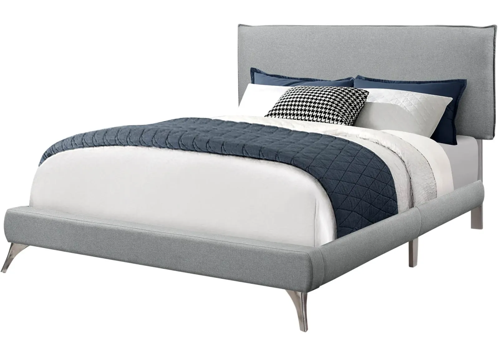 Bed, Queen Size, Platform, Bedroom, Frame, Upholstered, Linen Look, Metal Legs, Grey, Chrome, Contemporary, Modern