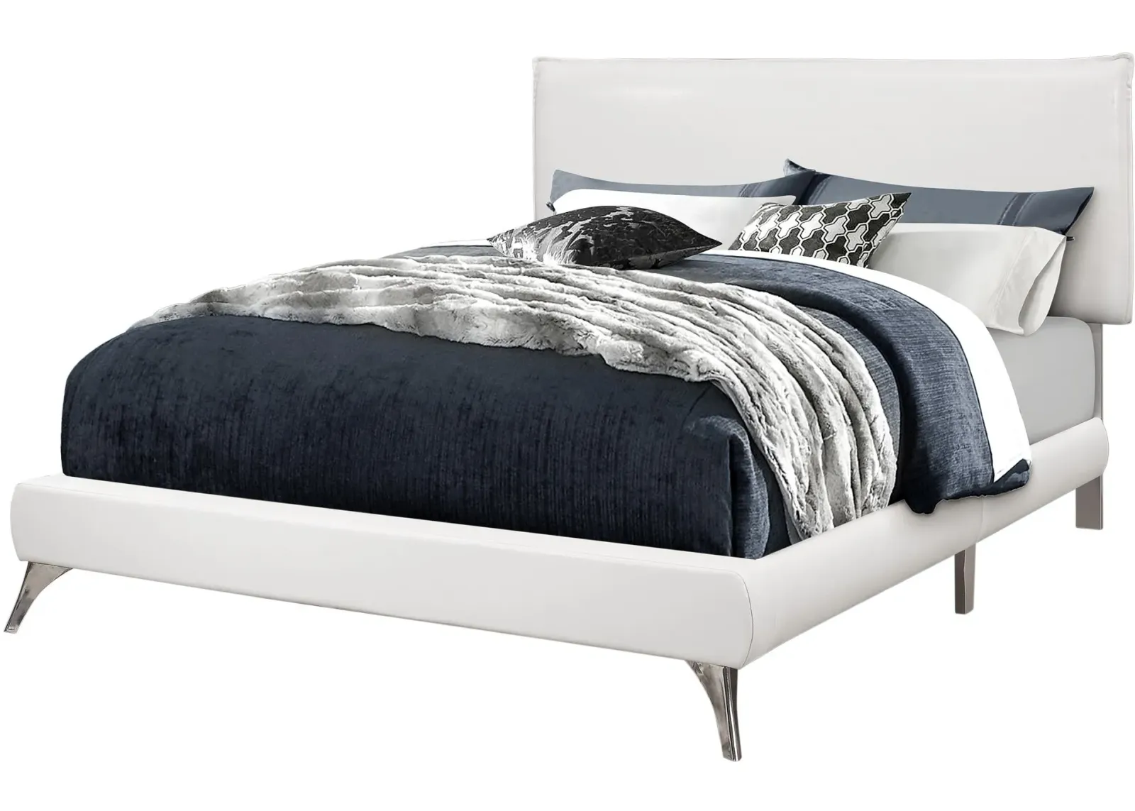 Bed, Queen Size, Platform, Bedroom, Frame, Upholstered, Pu Leather Look, Metal Legs, White, Chrome, Contemporary, Modern