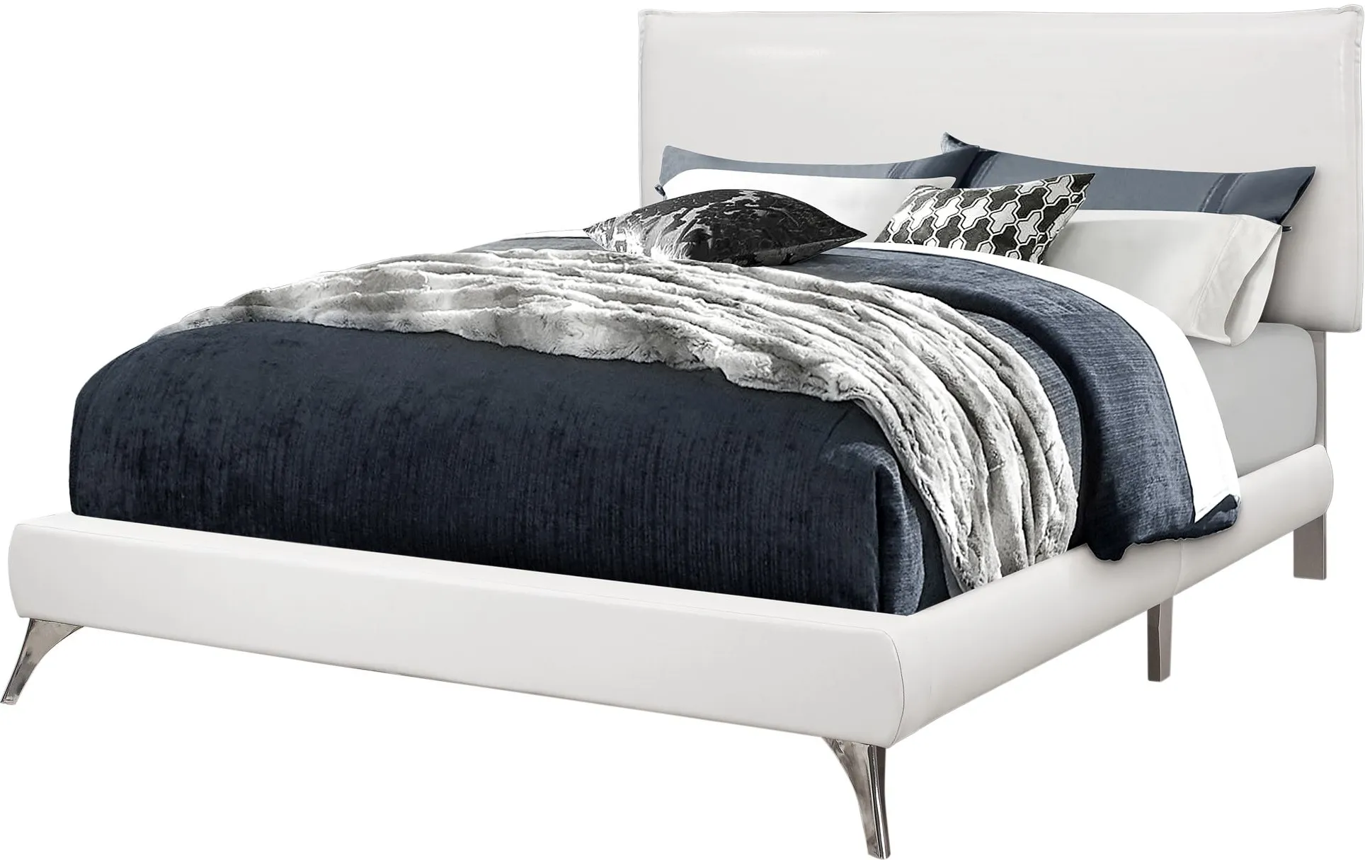 Bed, Queen Size, Platform, Bedroom, Frame, Upholstered, Pu Leather Look, Metal Legs, White, Chrome, Contemporary, Modern