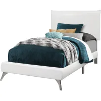 Bed, Twin Size, Platform, Teen, Frame, Upholstered, Pu Leather Look, Metal Legs, White, Chrome, Contemporary, Modern