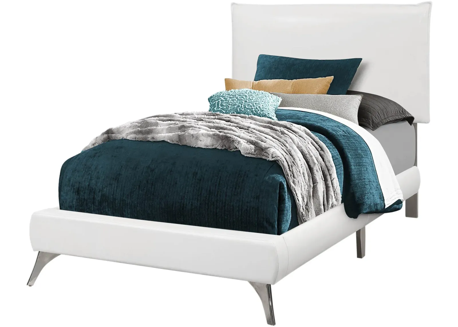 Bed, Twin Size, Platform, Teen, Frame, Upholstered, Pu Leather Look, Metal Legs, White, Chrome, Contemporary, Modern