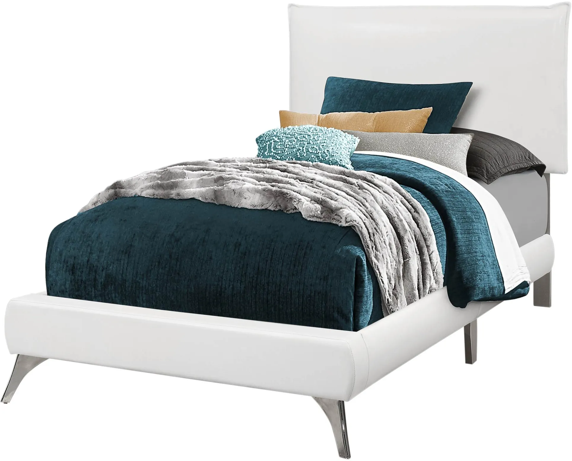 Bed, Twin Size, Platform, Teen, Frame, Upholstered, Pu Leather Look, Metal Legs, White, Chrome, Contemporary, Modern