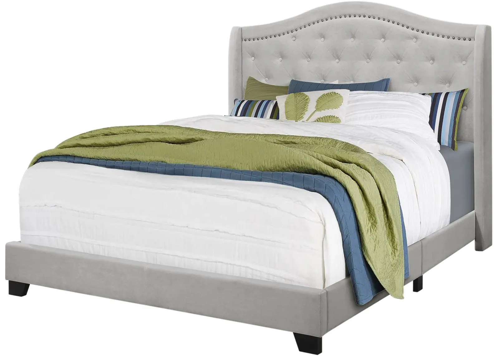 Bed, Queen Size, Platform, Bedroom, Frame, Upholstered, Velvet, Wood Legs, Grey, Traditional