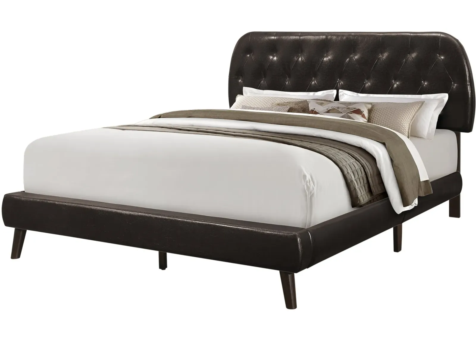 Bed, Queen Size, Platform, Bedroom, Frame, Upholstered, Pu Leather Look, Wood Legs, Brown, Transitional