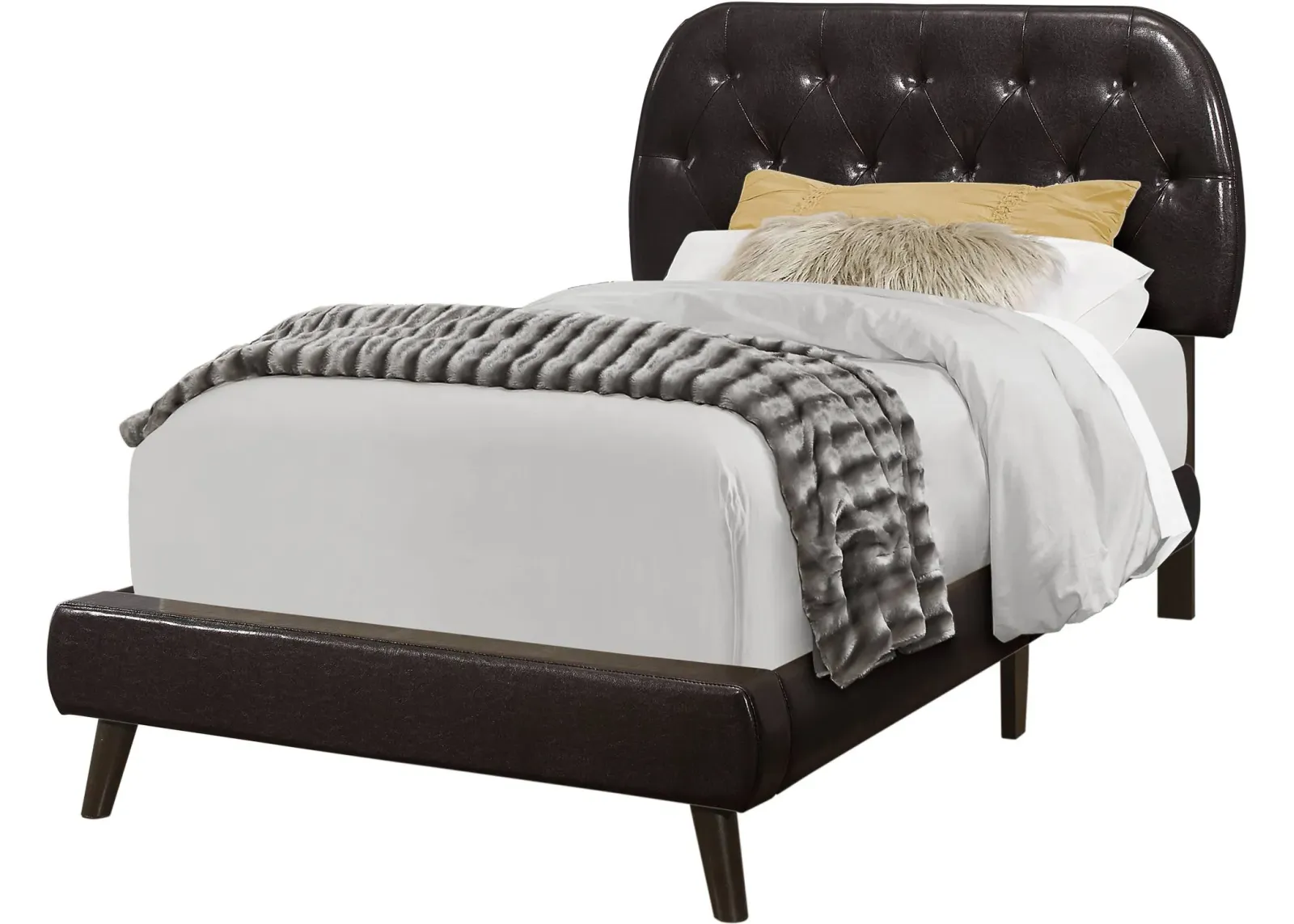 Bed, Twin Size, Platform, Teen, Frame, Upholstered, Pu Leather Look, Wood Legs, Brown, Transitional