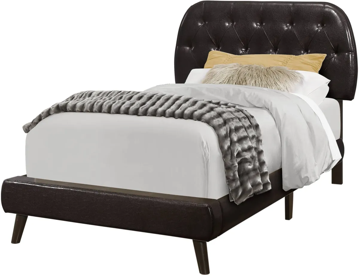 Bed, Twin Size, Platform, Teen, Frame, Upholstered, Pu Leather Look, Wood Legs, Brown, Transitional