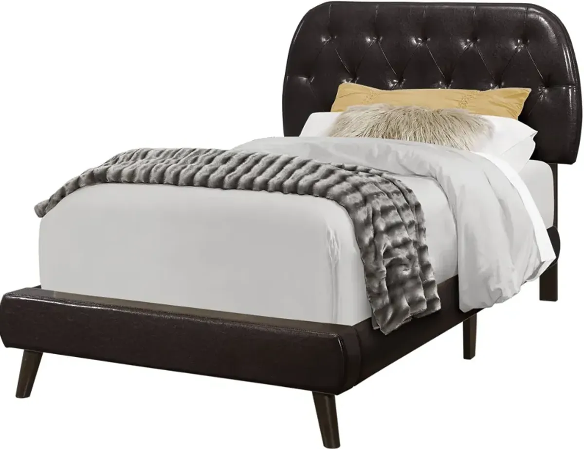 Bed, Twin Size, Platform, Teen, Frame, Upholstered, Pu Leather Look, Wood Legs, Brown, Transitional