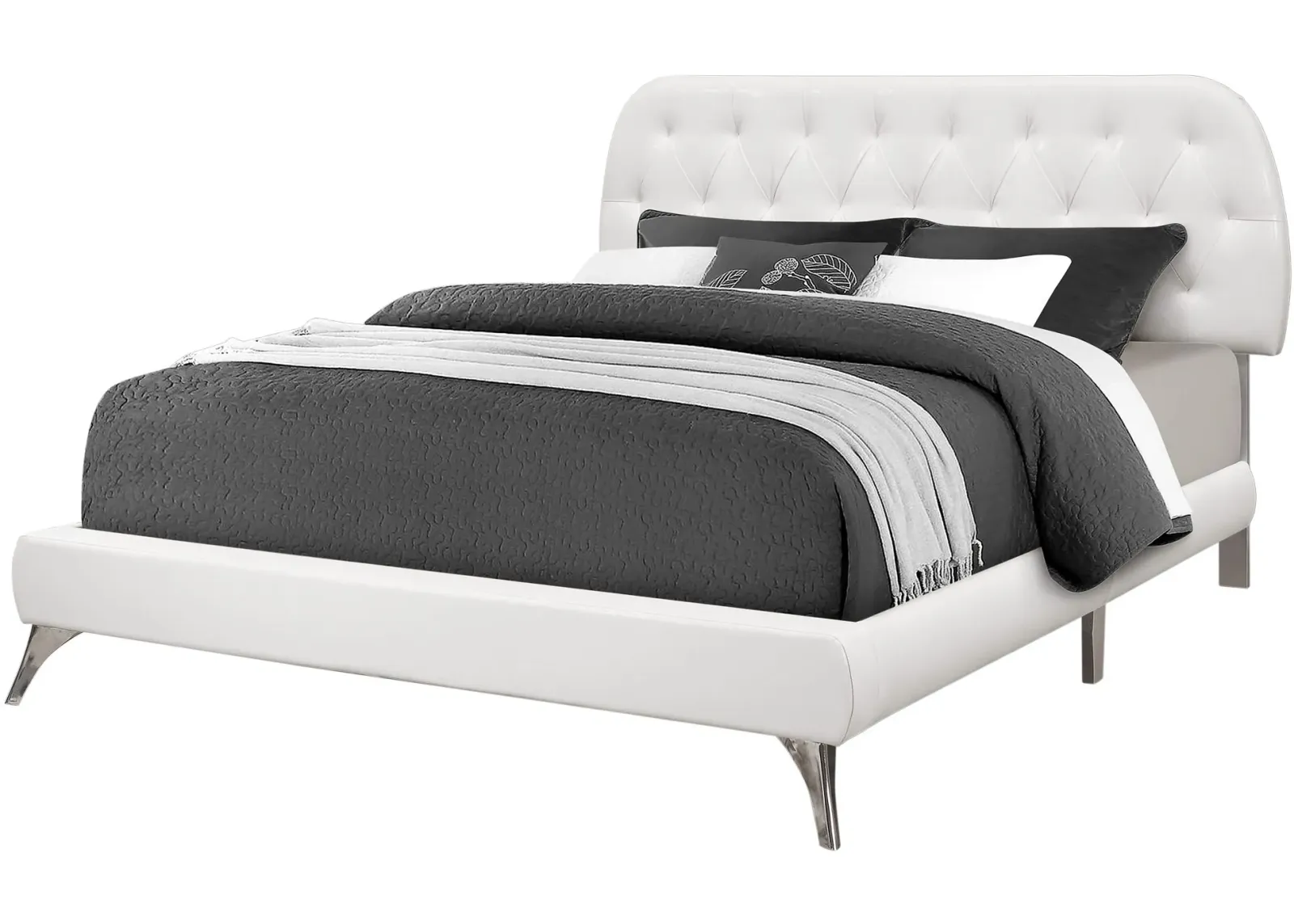 Bed, Queen Size, Platform, Bedroom, Frame, Upholstered, Pu Leather Look, Metal Legs, White, Chrome, Contemporary, Modern