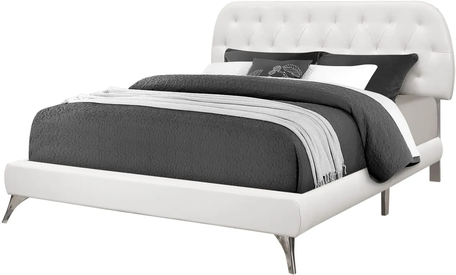 Bed, Queen Size, Platform, Bedroom, Frame, Upholstered, Pu Leather Look, Metal Legs, White, Chrome, Contemporary, Modern