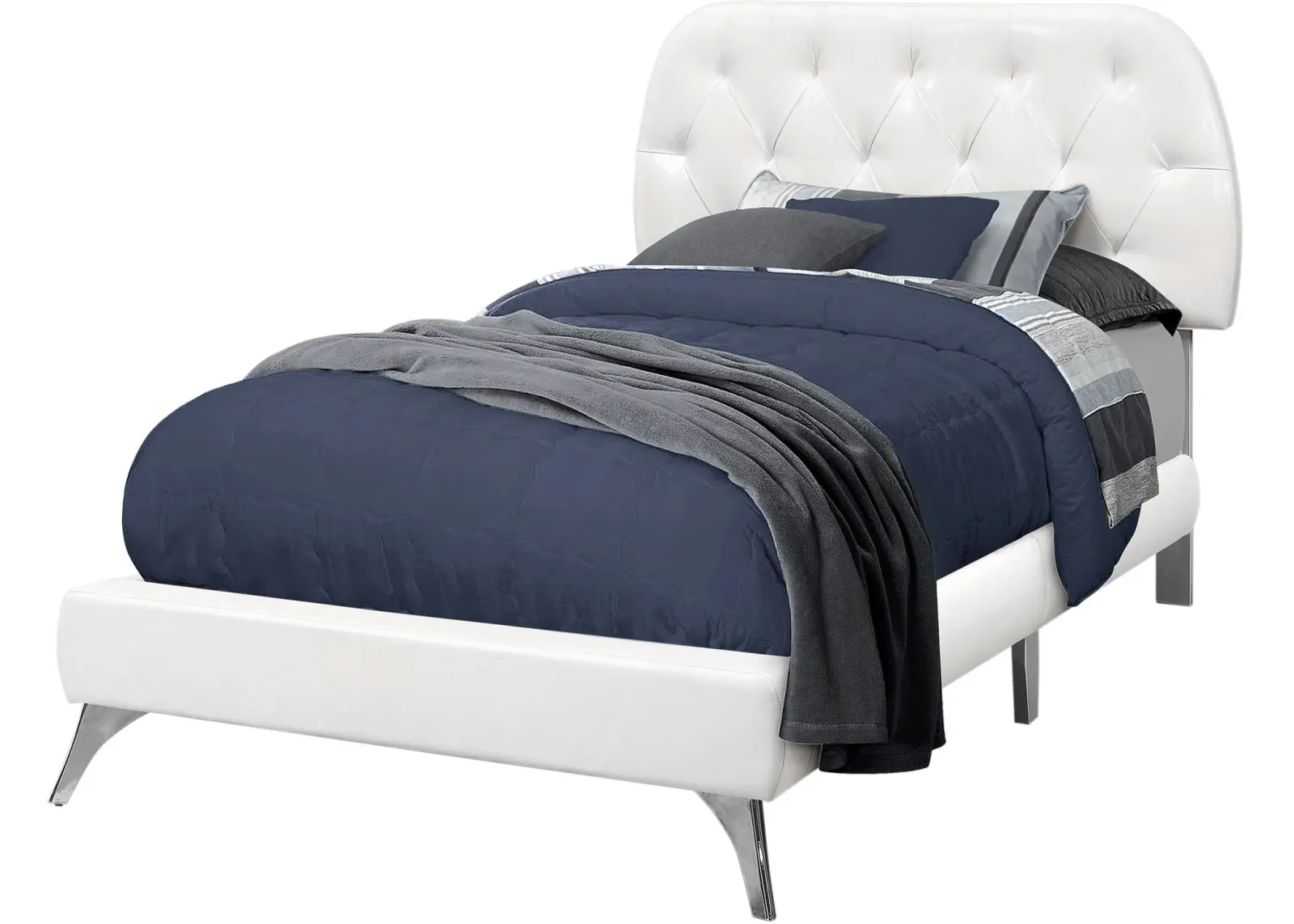 Bed, Twin Size, Platform, Teen, Frame, Upholstered, Pu Leather Look, Wood Legs, White, Chrome, Contemporary, Modern