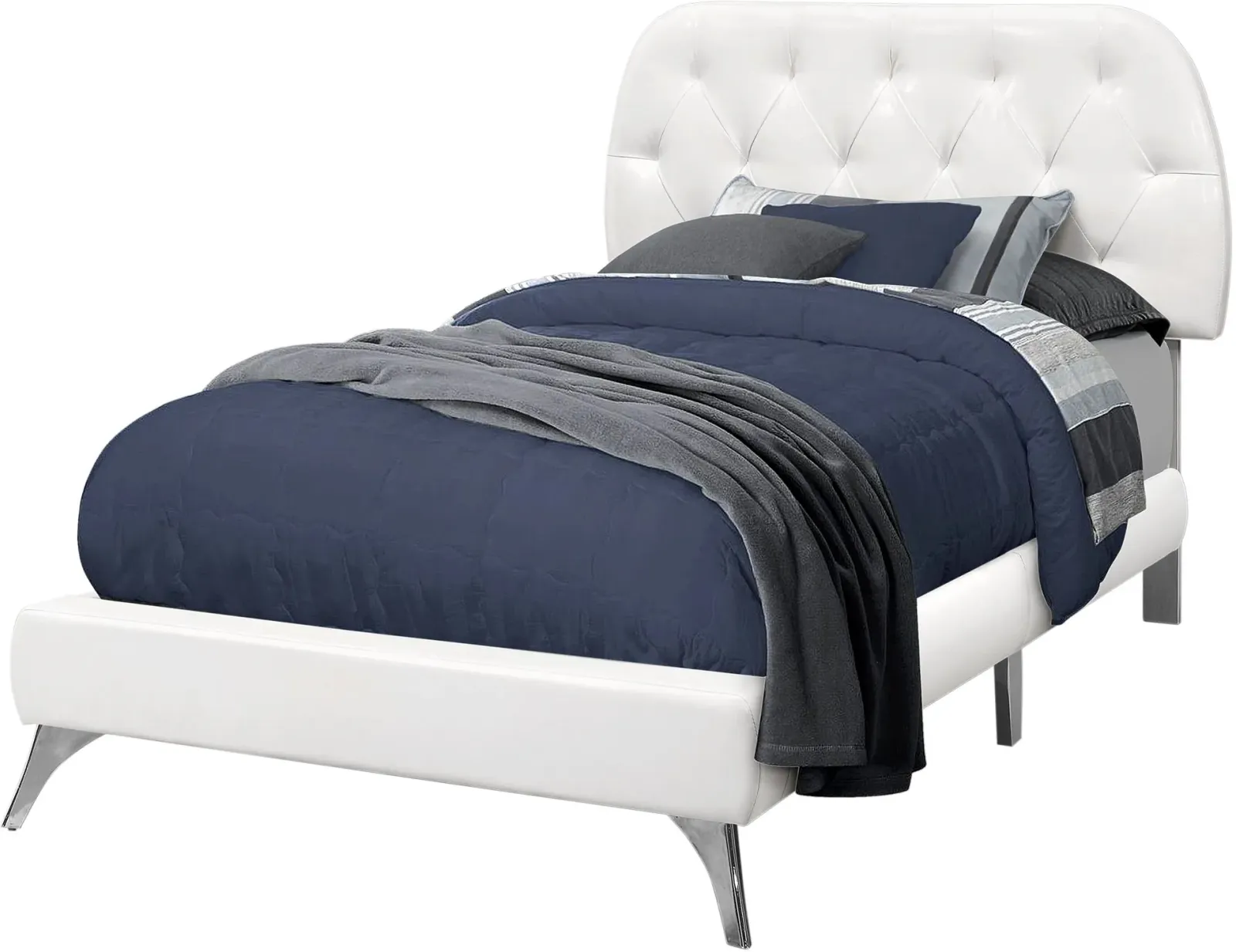 Bed, Twin Size, Platform, Teen, Frame, Upholstered, Pu Leather Look, Wood Legs, White, Chrome, Contemporary, Modern