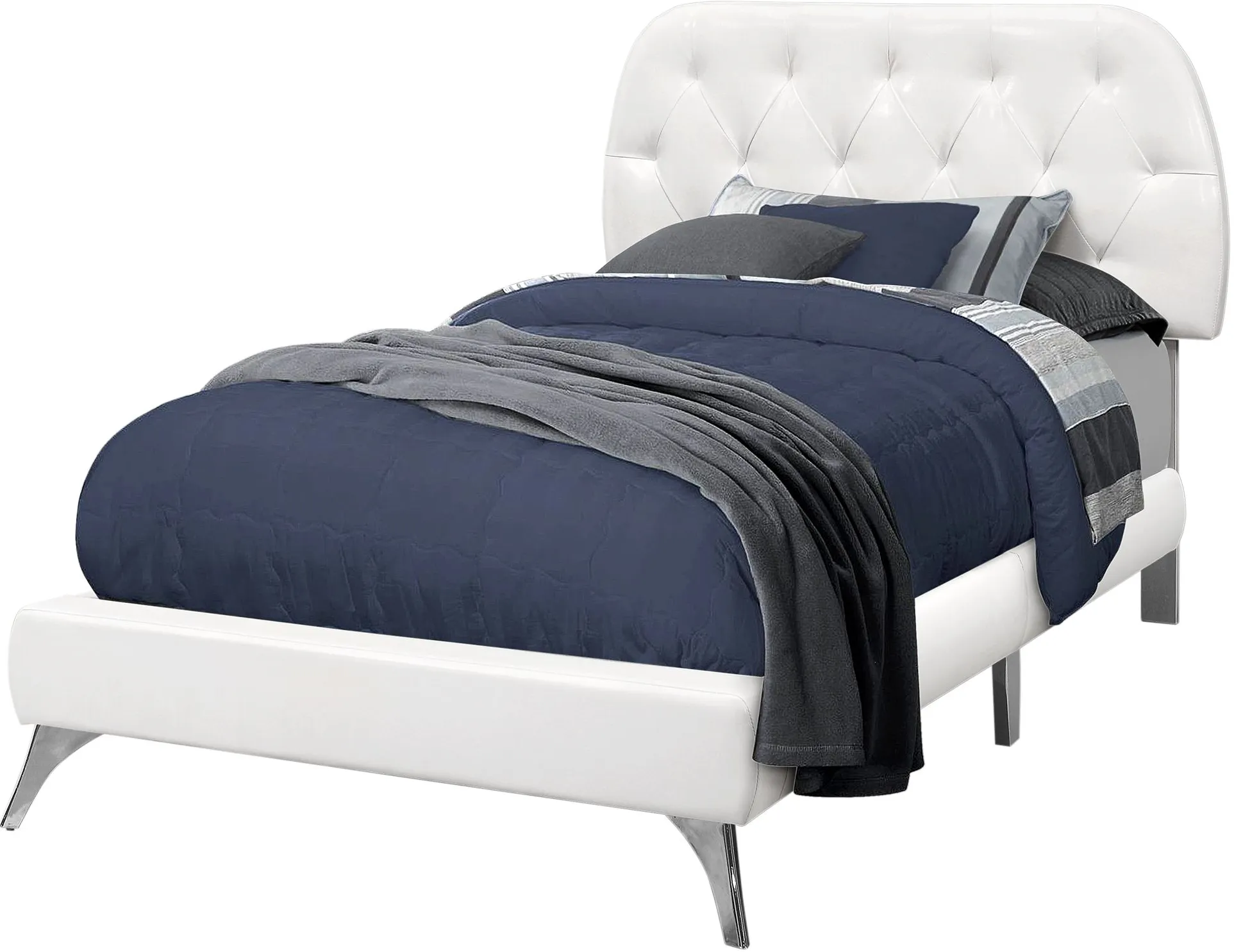 Bed, Twin Size, Platform, Teen, Frame, Upholstered, Pu Leather Look, Wood Legs, White, Chrome, Contemporary, Modern