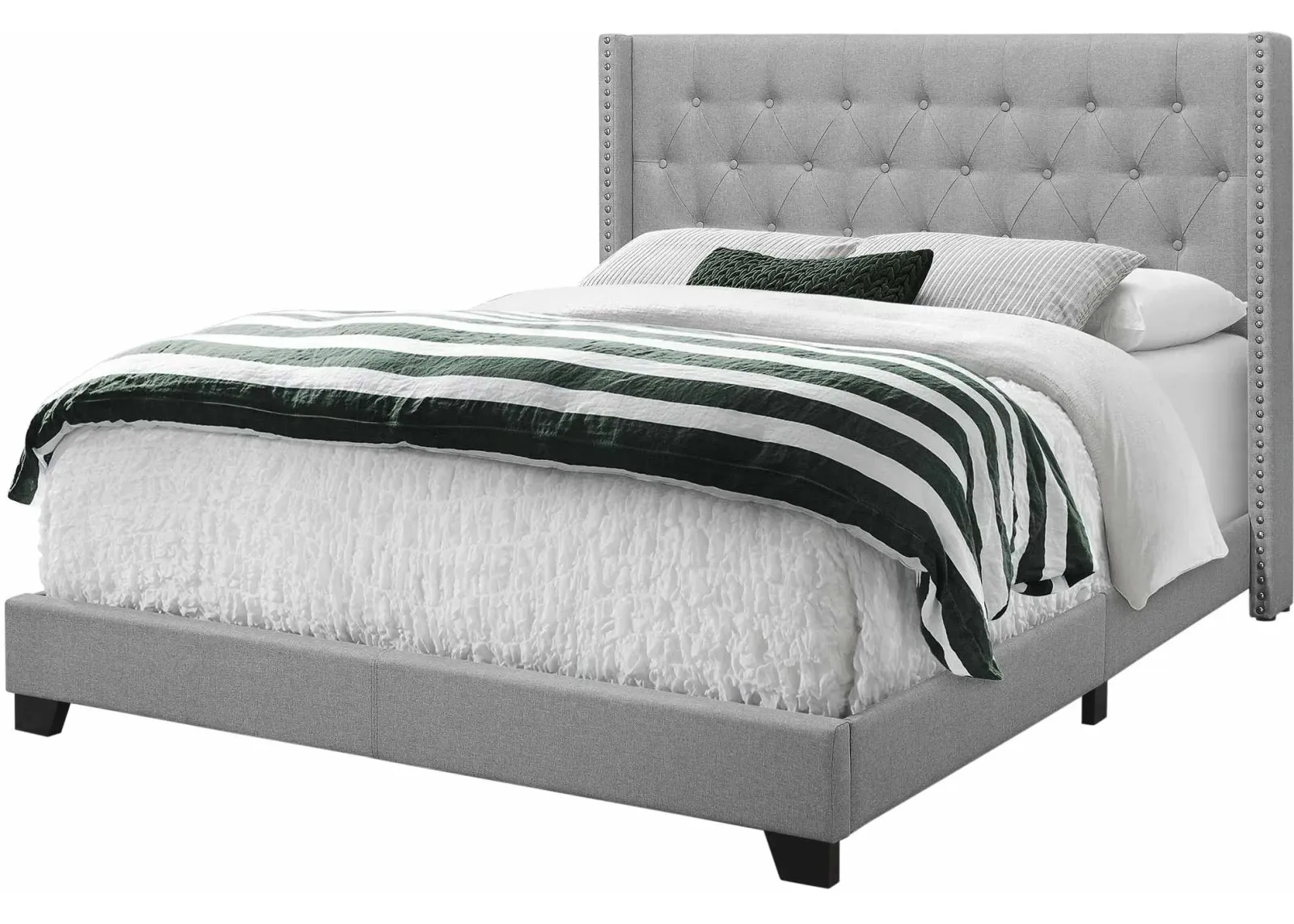 Bed, Queen Size, Platform, Bedroom, Frame, Upholstered, Linen Look, Wood Legs, Grey, Chrome, Transitional