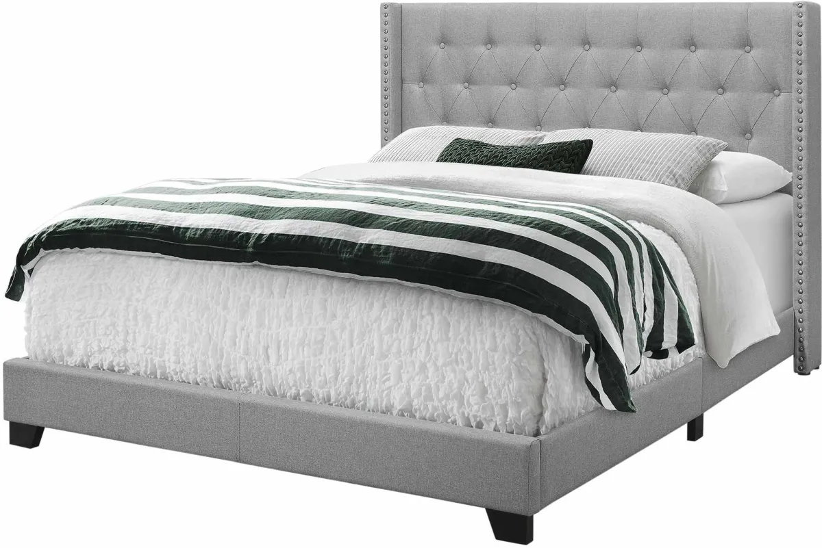 Bed, Queen Size, Platform, Bedroom, Frame, Upholstered, Linen Look, Wood Legs, Grey, Chrome, Transitional