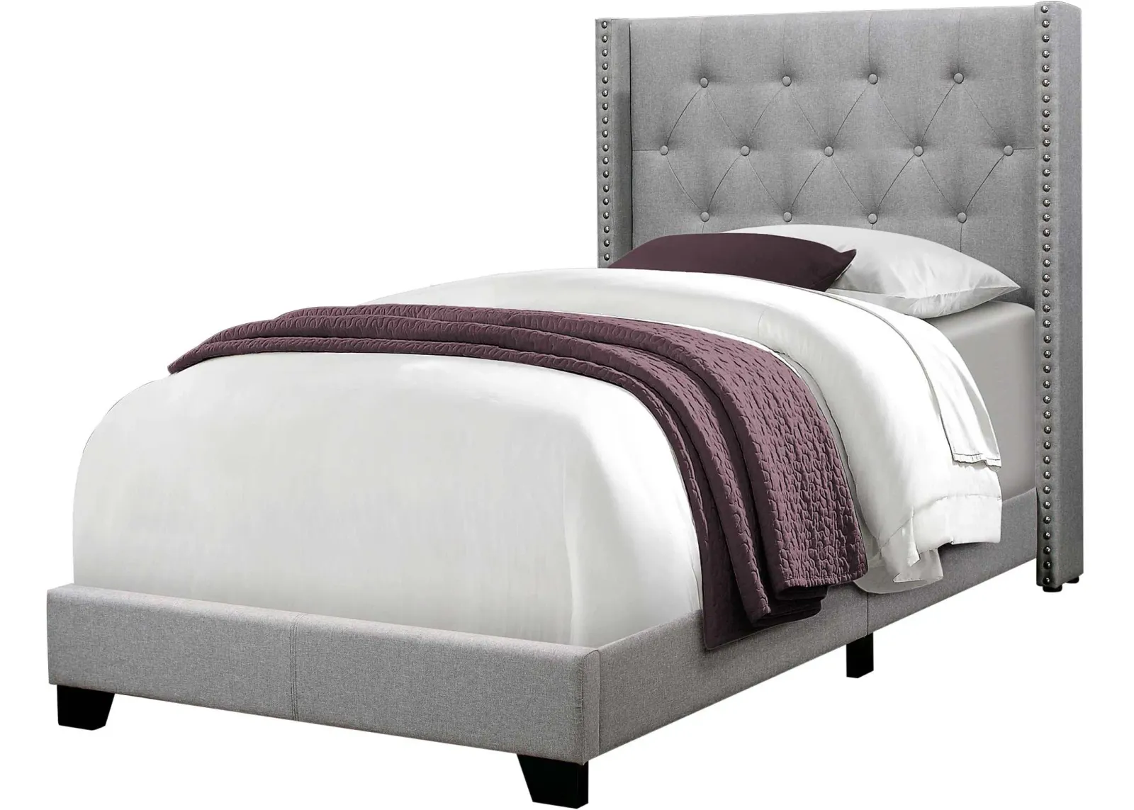 Bed, Twin Size, Platform, Teen, Frame, Upholstered, Velvet, Wood Legs, Grey, Transitional