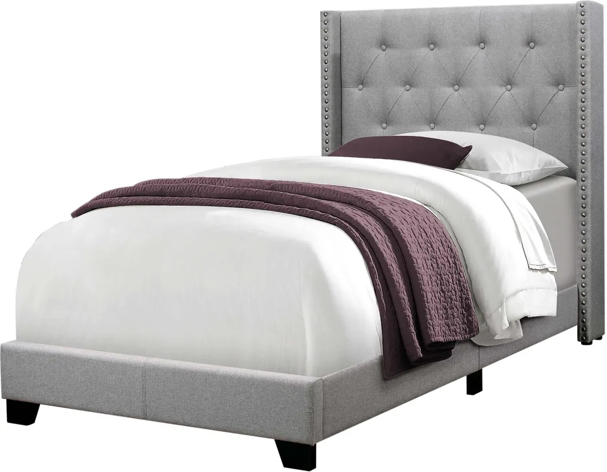 Bed, Twin Size, Platform, Teen, Frame, Upholstered, Velvet, Wood Legs, Grey, Transitional