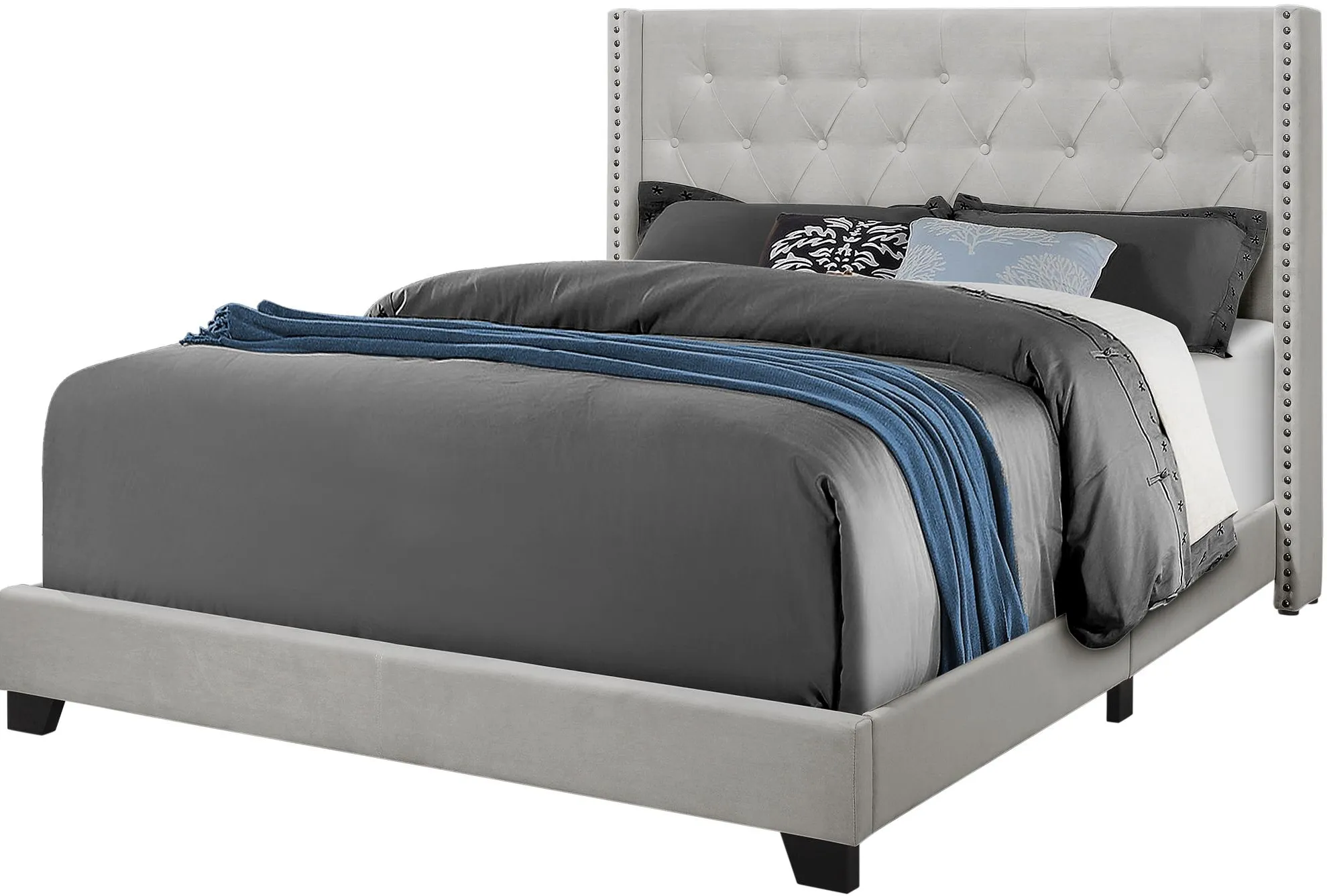 Bed, Queen Size, Platform, Bedroom, Frame, Upholstered, Velvet, Wood Legs, Grey, Transitional