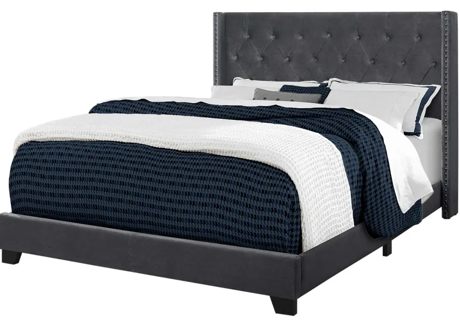 Bed, Queen Size, Platform, Bedroom, Frame, Upholstered, Velvet, Wood Legs, Grey, Chrome, Transitional