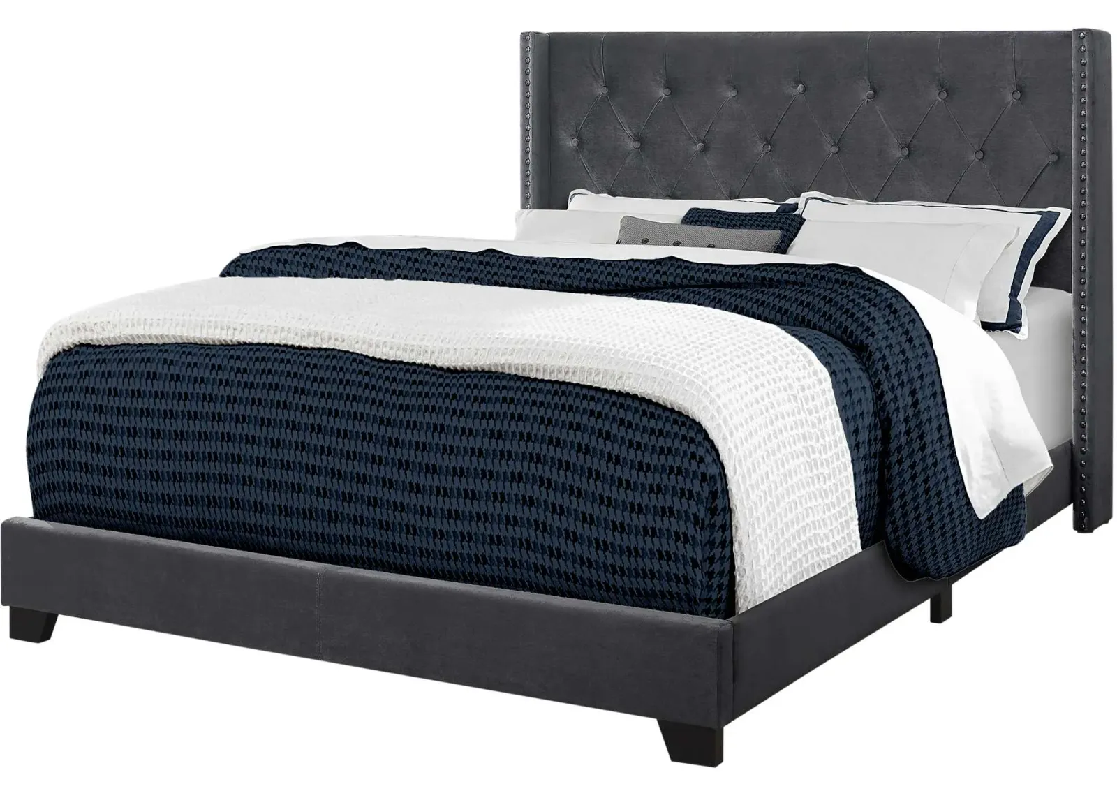 Bed, Queen Size, Platform, Bedroom, Frame, Upholstered, Velvet, Wood Legs, Grey, Chrome, Transitional